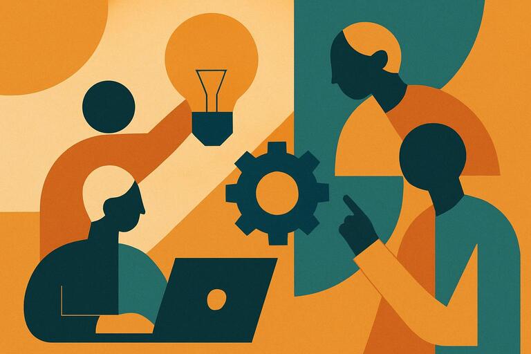 Creative team representation with geometric shapes and warm colors