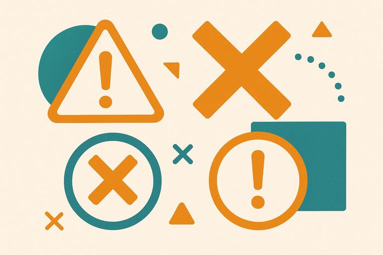 Common mistakes representation with warning symbols and geometric shapes