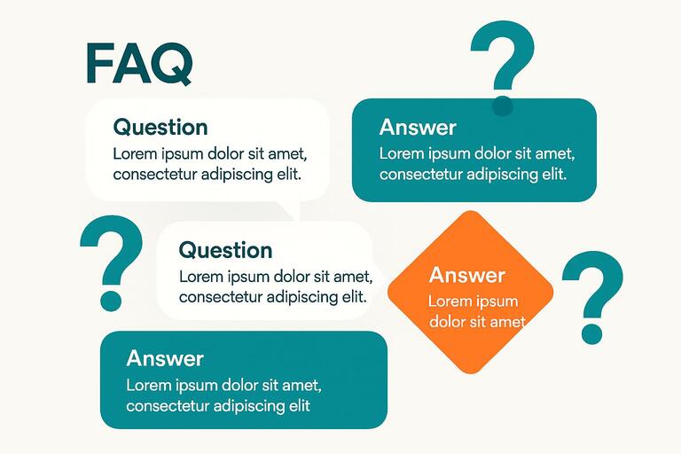 FAQ section with question marks and geometric answer bubbles
