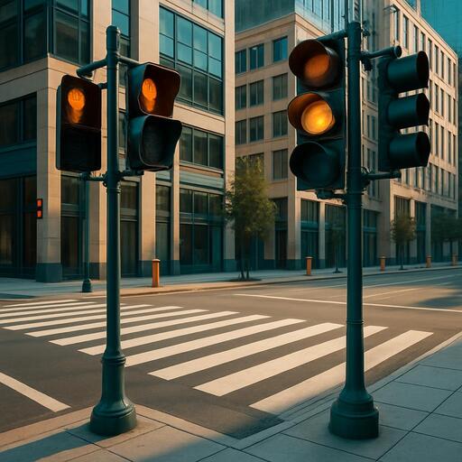 Urban crosswalk scene with traffic signals and zebra stripes in daylight