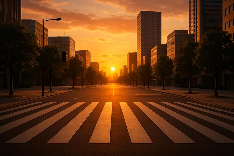 Beautiful sunset crosswalk with zebra stripes and warm lighting