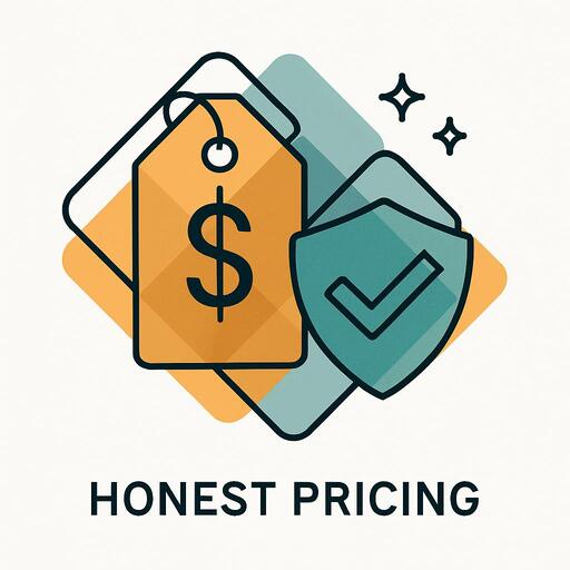 Honest pricing icon with transparent geometric shapes and trust symbols