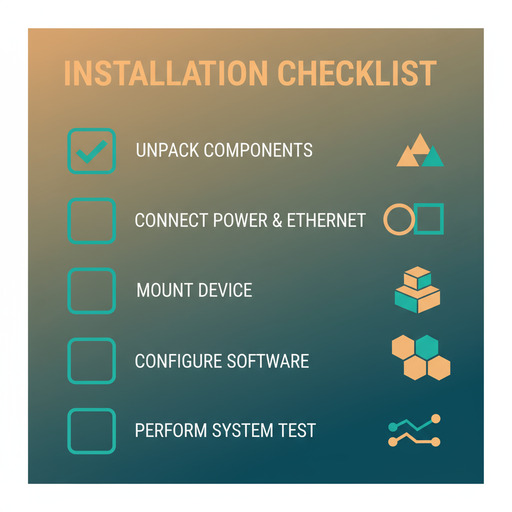 Installation checklist with checkboxes and geometric shapes