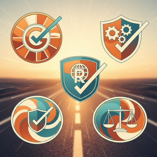 Legal compliance badges with checkmarks and regulatory symbols