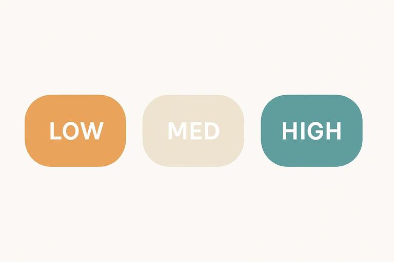 Three rounded chip-shaped speed selection buttons in amber and teal colors