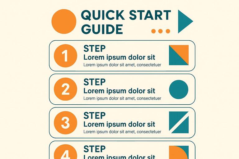 Quick start guide with numbered steps and geometric elements