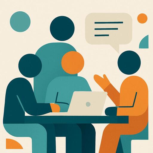 Small team collaboration with geometric people icons and modern design