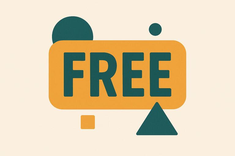 Free badge design with geometric shapes in amber and teal colors